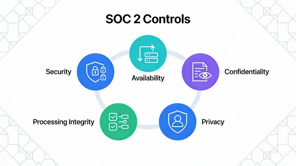 SOC 2 Trust Service Criteria controls diagram displaying Security, Availability, Confidentiality, Processing Integrity, and Privacy for Qatar companies