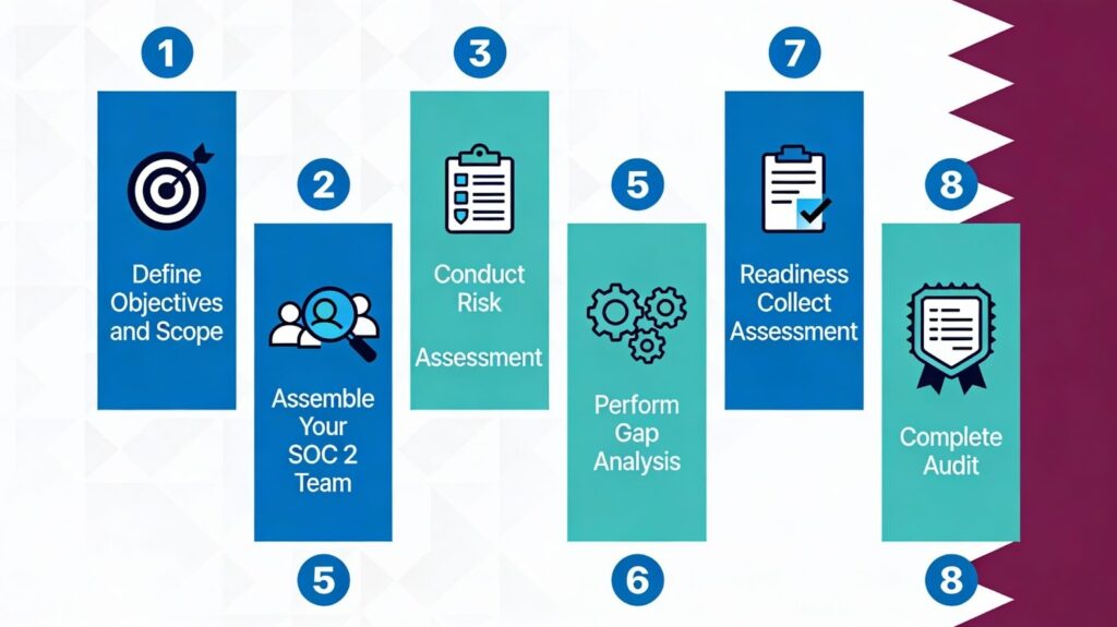 SOC 2 audit checklist showing 8-step compliance process for Qatar businesses including risk assessment, gap analysis, and audit preparation