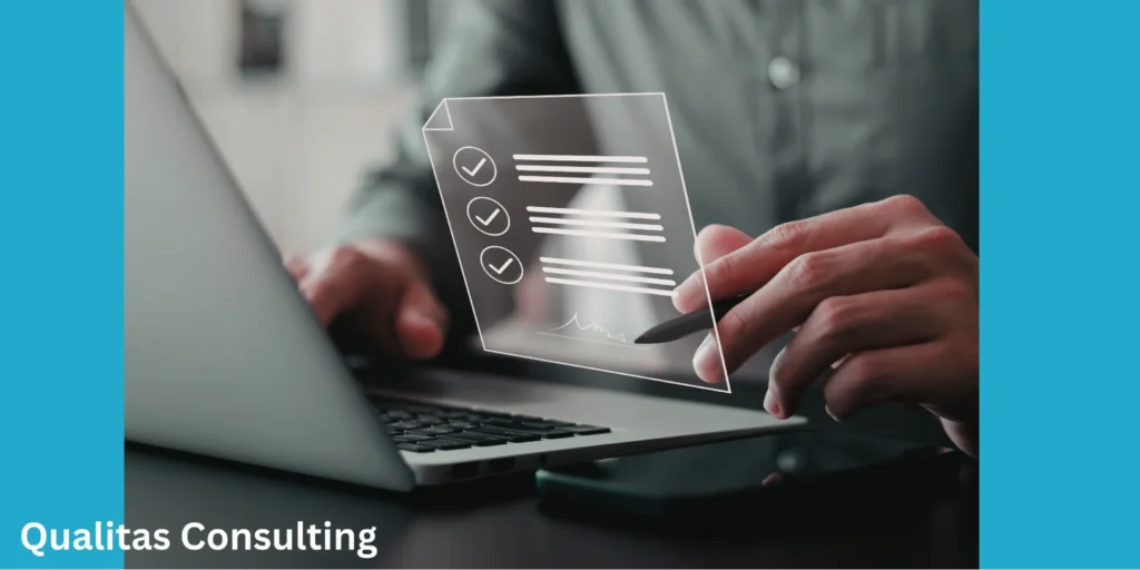 A professional reviewing a digital checklist on a laptop, representing SOP Writing Services for streamlined business processes and compliance management