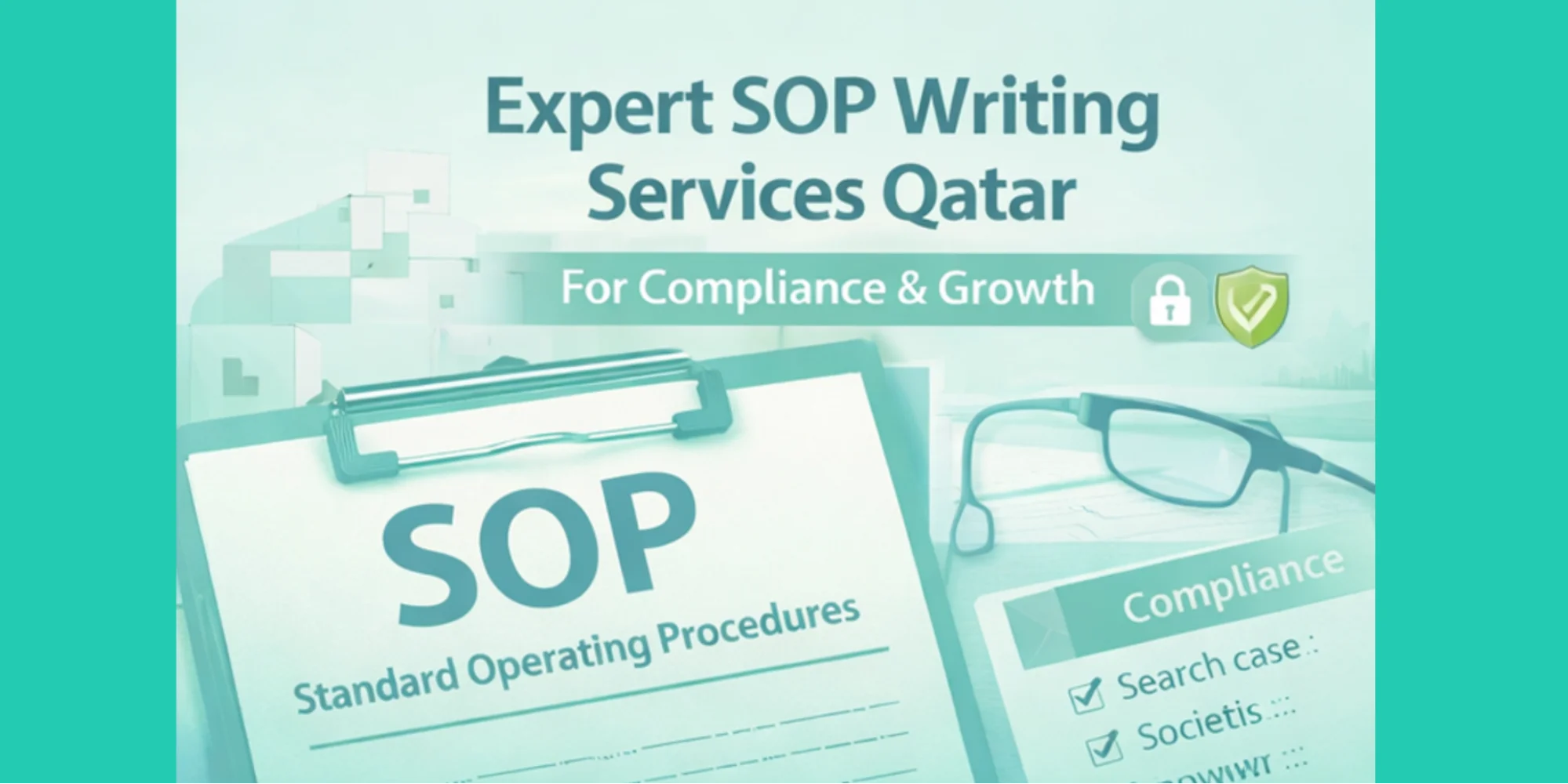 Clipboard labelled SOP with compliance checklist and office setup, illustrating SOP Writing Services for standard operating procedures and business compliance