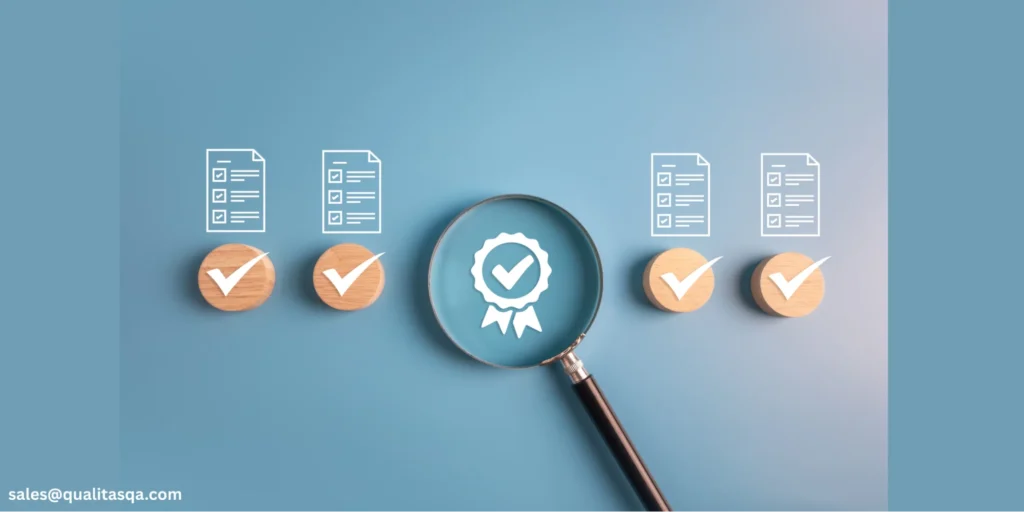 Magnifying glass highlighting a checklist with approved ticks, representing ISO Quality Management System audit, compliance verification, and quality assurance standards