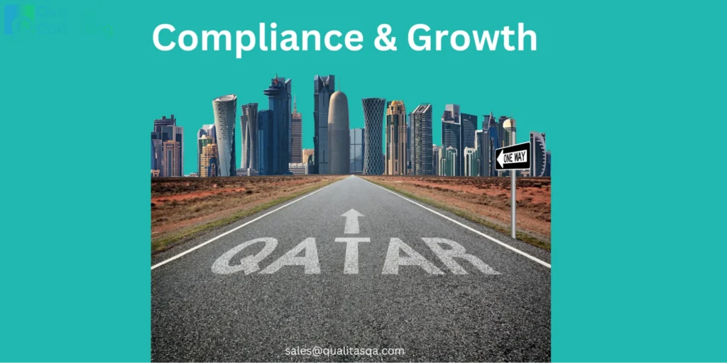 Road leading to Doha skyline with “Compliance and Growth” text, symbolising SOP Writing Services in Qatar for business expansion and regulatory success
