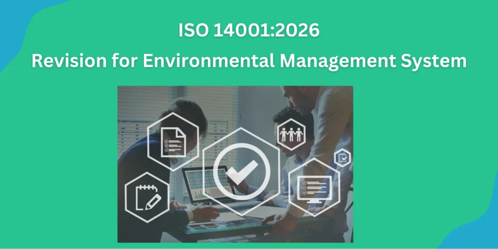 Business team reviewing data and compliance icons during ISO 140012026 environmental management system planning and implementation discussion.