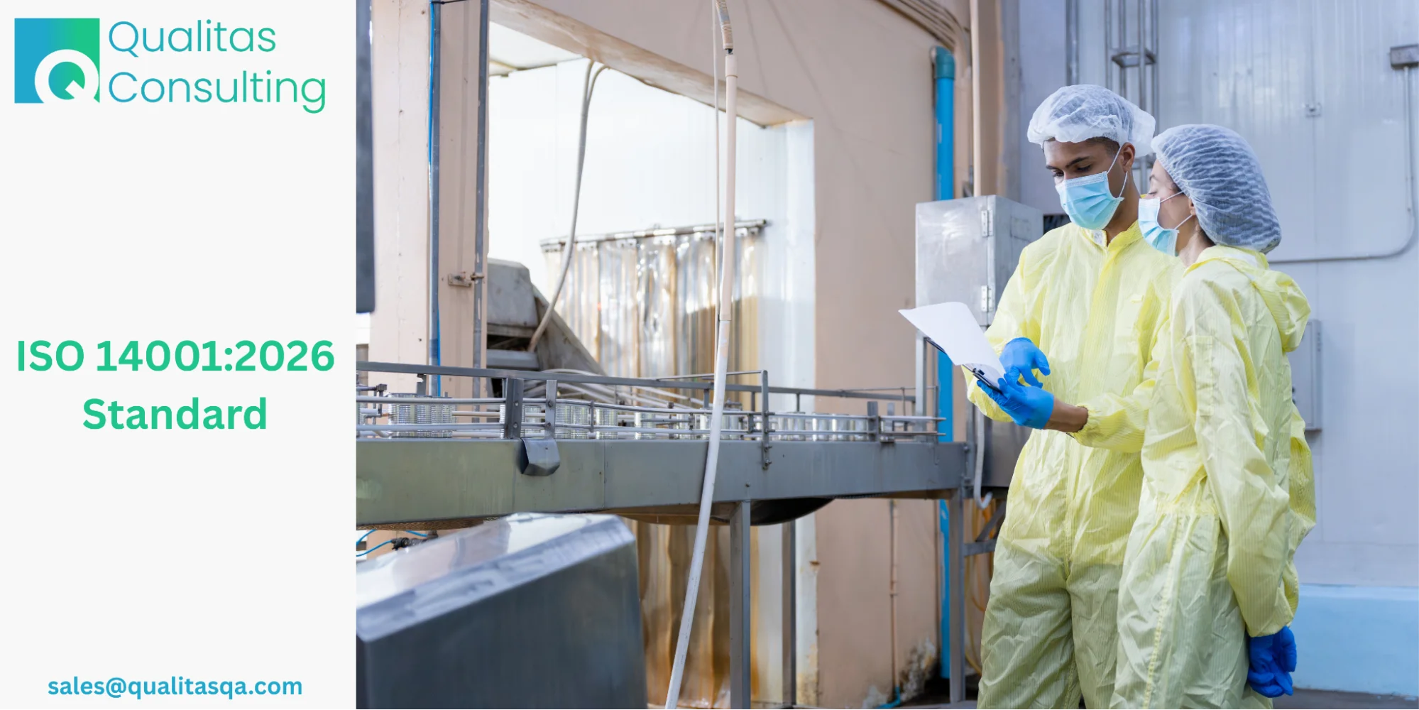 Industrial workers inspecting operations in a facility while ensuring ISO 140012026 environmental management system standards and compliance