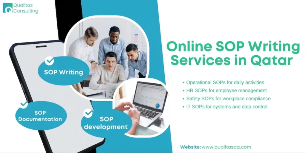 Business team collaborating on SOP development with laptop and charts, highlighting Online SOP Writing Services in Qatar for process documentation and compliance support
