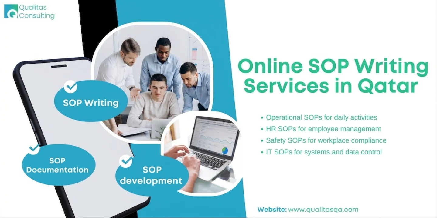 Business team collaborating on SOP development with laptop and charts, highlighting Online SOP Writing Services in Qatar for process documentation and compliance support