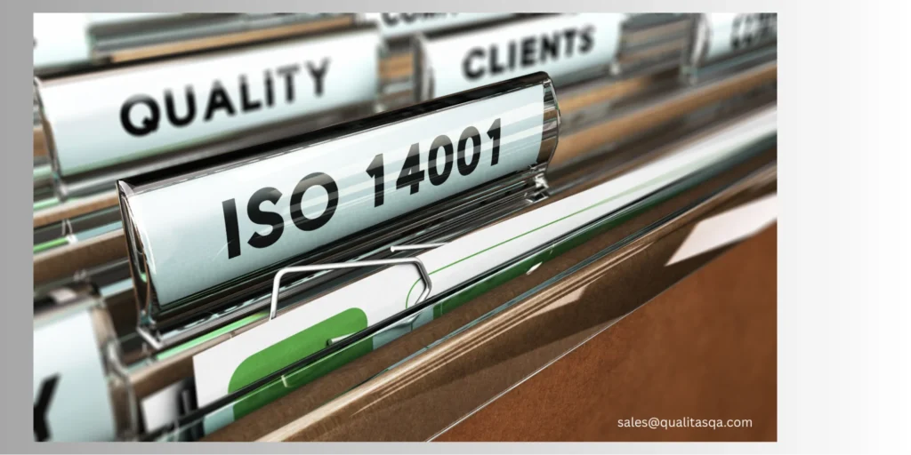 Close-up of ISO 14001 file folder illustrating the ISO Standards List and environmental management certification for businesses in Qatar. 