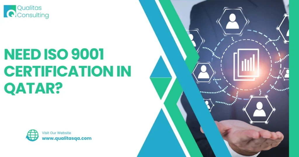 Corporate banner promoting ISO 9001 and Quality Management System Certificate services in Qatar with modern business graphics and quality assurance certification elements
