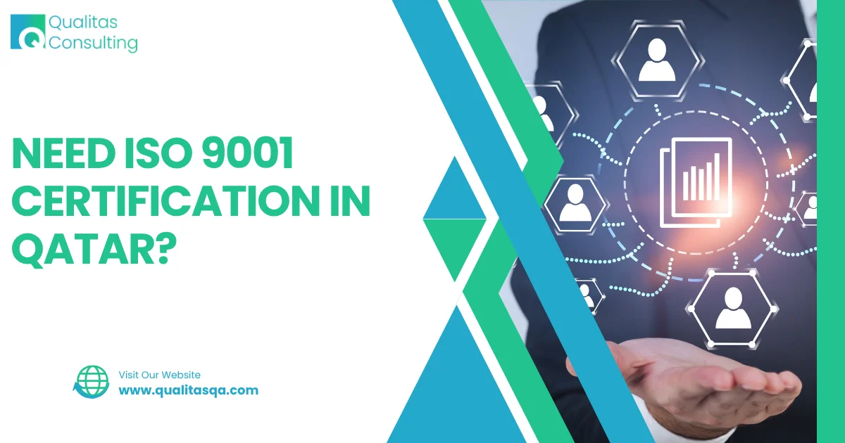 Corporate banner promoting ISO 9001 and Quality Management System Certificate services in Qatar with modern business graphics and quality assurance certification elements