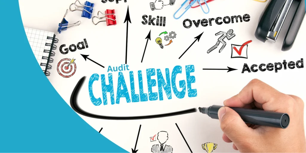 Hand-drawn whiteboard illustration showing audit challenges concept with arrows pointing to key themes