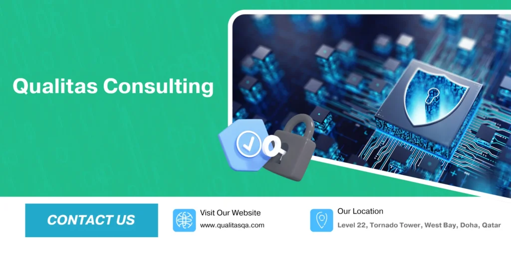 Qualitas Consulting banner displaying cybersecurity and ISO audit challenges solutions, featuring a digital lock and shield graphic detail