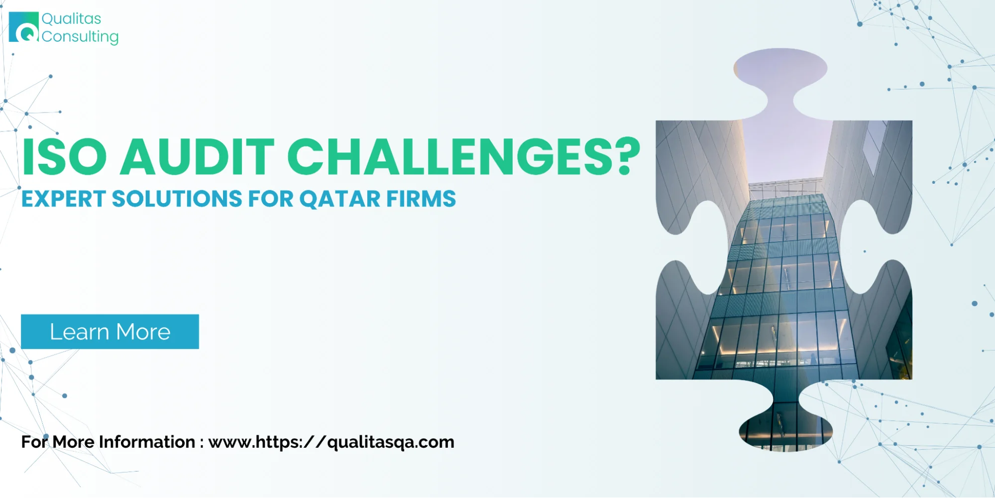 Qualitas Consulting promotional banner highlighting ISO audit challenges and expert solutions for Qatar firms, featuring a puzzle-shaped building graphic symbolizing problem-solving