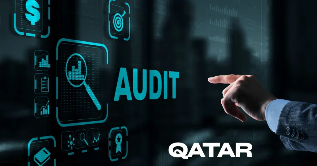 Digital audit dashboard with analytics icons and a pointing hand, illustrating the future of audit in Qatar through technology-driven auditing, risk management, compliance, and assurance solutions.