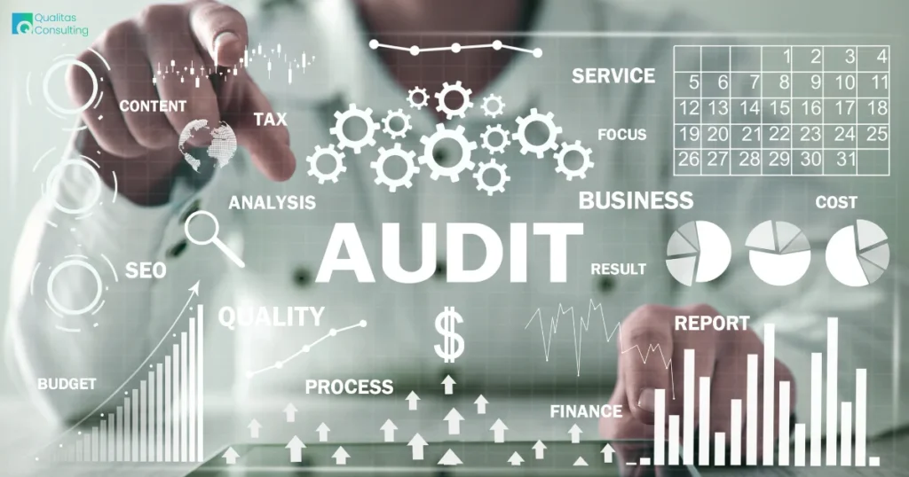 Digital business audit dashboard with analytics, charts, financial metrics, SEO performance, reporting tools, process monitoring. Illustration of the elements that are considered crucial for the audit of a company and successful audit planning. 