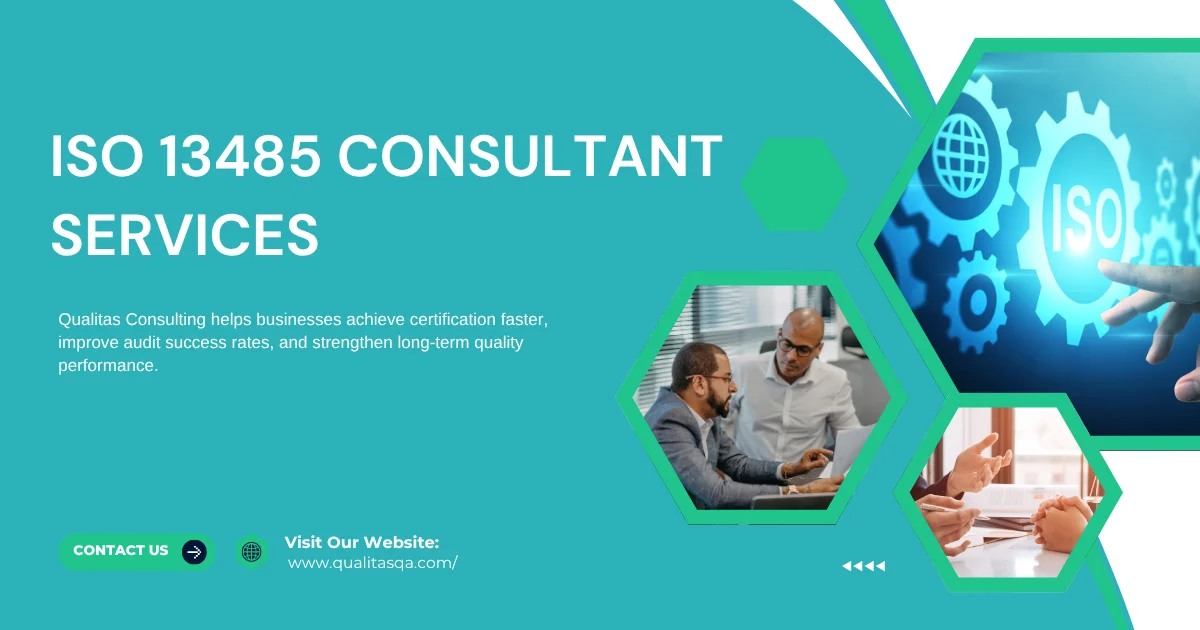 ISO 13485 consultant services presentation featuring quality management experts, certification support, medical device compliance consulting, audit preparation, and ISO 13485 implementation for healthcare and medical device organizations.