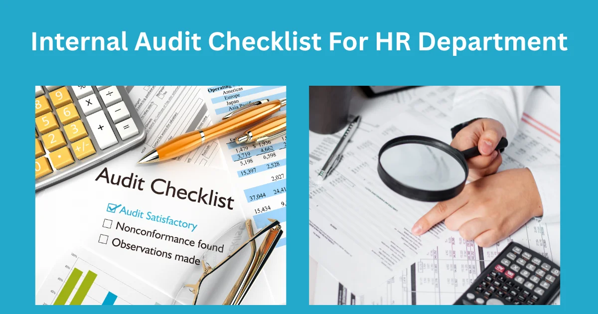 Informational graphic with heading “Internal Audit Checklist for HR Department”, featuring audit checklist documents, financial records, and a magnifying glass to illustrate HR compliance audits, employee documentation review, internal controls, and organizational policy assessment.