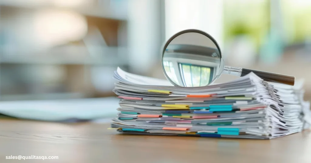 Magnifying glass on top of a stack of organized documents, representing an Internal Audit Checklist for HR Department, document verification, compliance review, record keeping, and HR audit readiness.