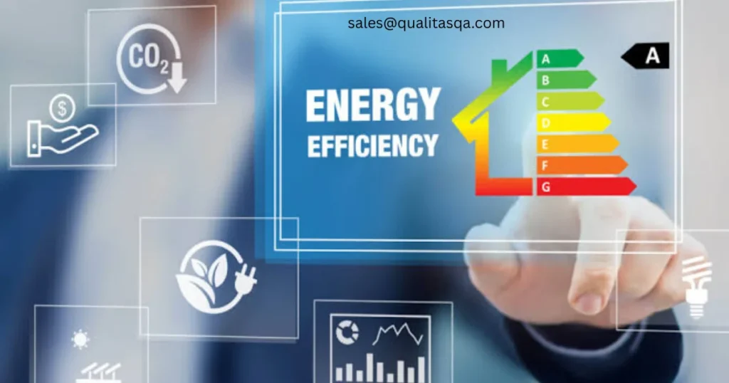 Male person with a digital energy efficiency, environmental product declaration EPD and carbon footprint icons, demonstrating energy efficiency in ISO management ISO 14001 ISO 14067 ISO 50001 standards.