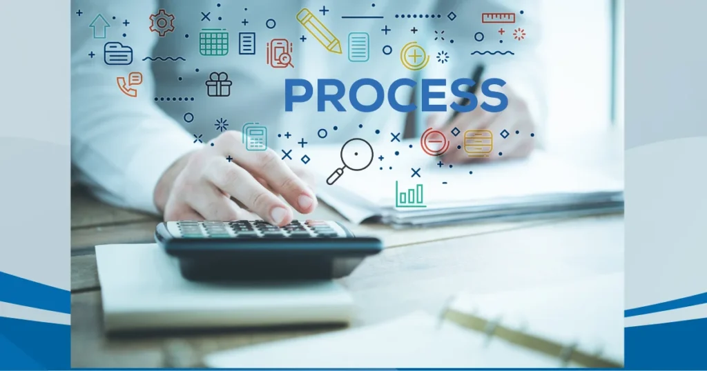 Professional using a calculator and reviewing documents with digital process icons displayed above, representing business process management consulting for efficient workflow planning and process improvement