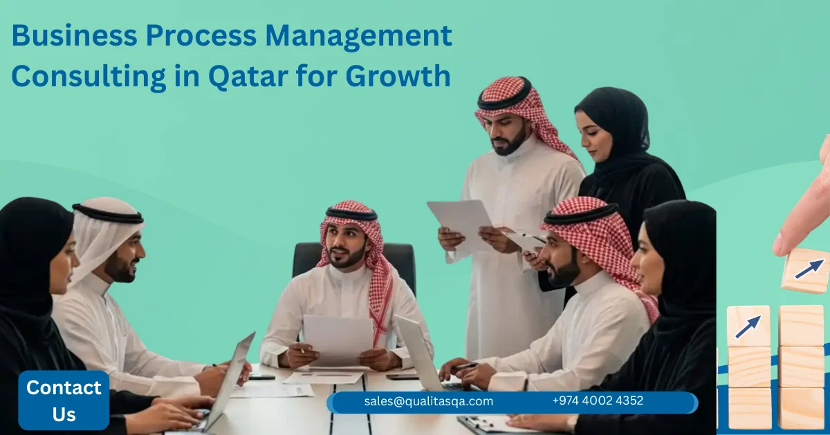 Qatar business professionals sitting at a table with files and laptops, demonstrating business process management consulting aimed at organizational process improvement and growth