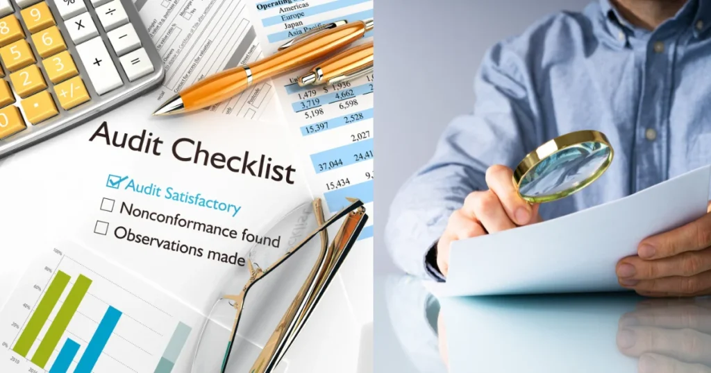 Audit checklist documents and financial figures appear alongside an auditor examining records, illustrating the Role of Internal Audit in reviewing controls, compliance, accuracy, and risk.