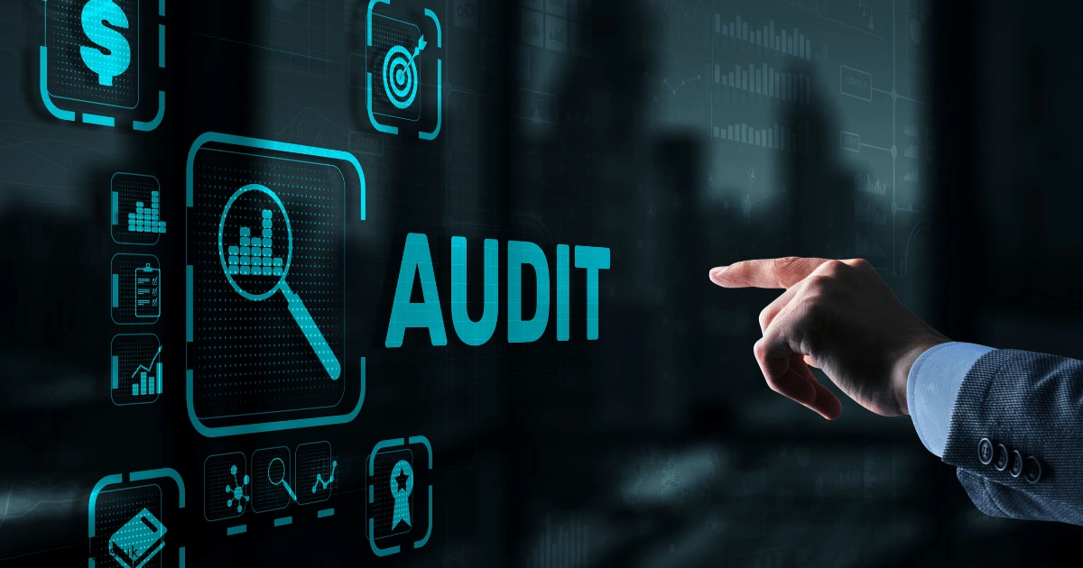 Digital audit interface displays financial data, analytics, and inspection tools, illustrating how auditors identify Audit Risks, assess controls, and evaluate organizational compliance.