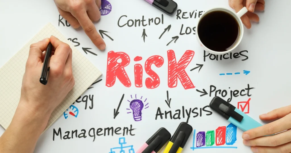 Team members brainstorm risk management strategies using charts, markers, and notes, highlighting Audit Risks, internal controls, project analysis, and business oversight.